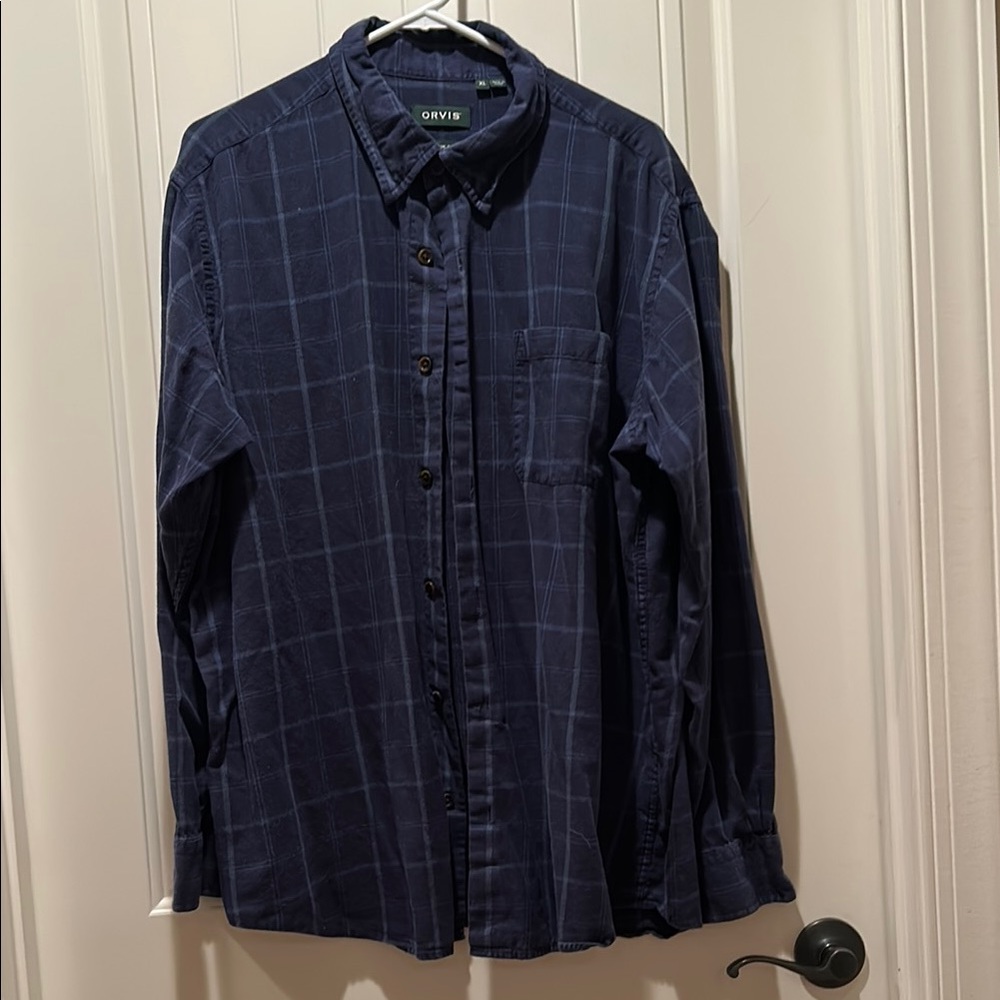 Orvis Blue Casual Button Down Shirt with Windowpane Pattern